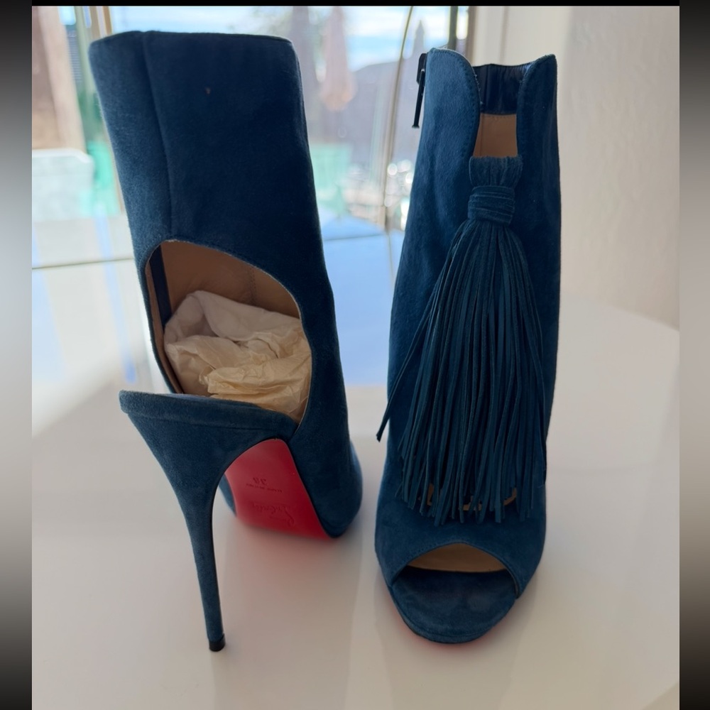 Christian Louboutin Blue Suede Fringe Ankle Booties, Peep Toe, Worn Once